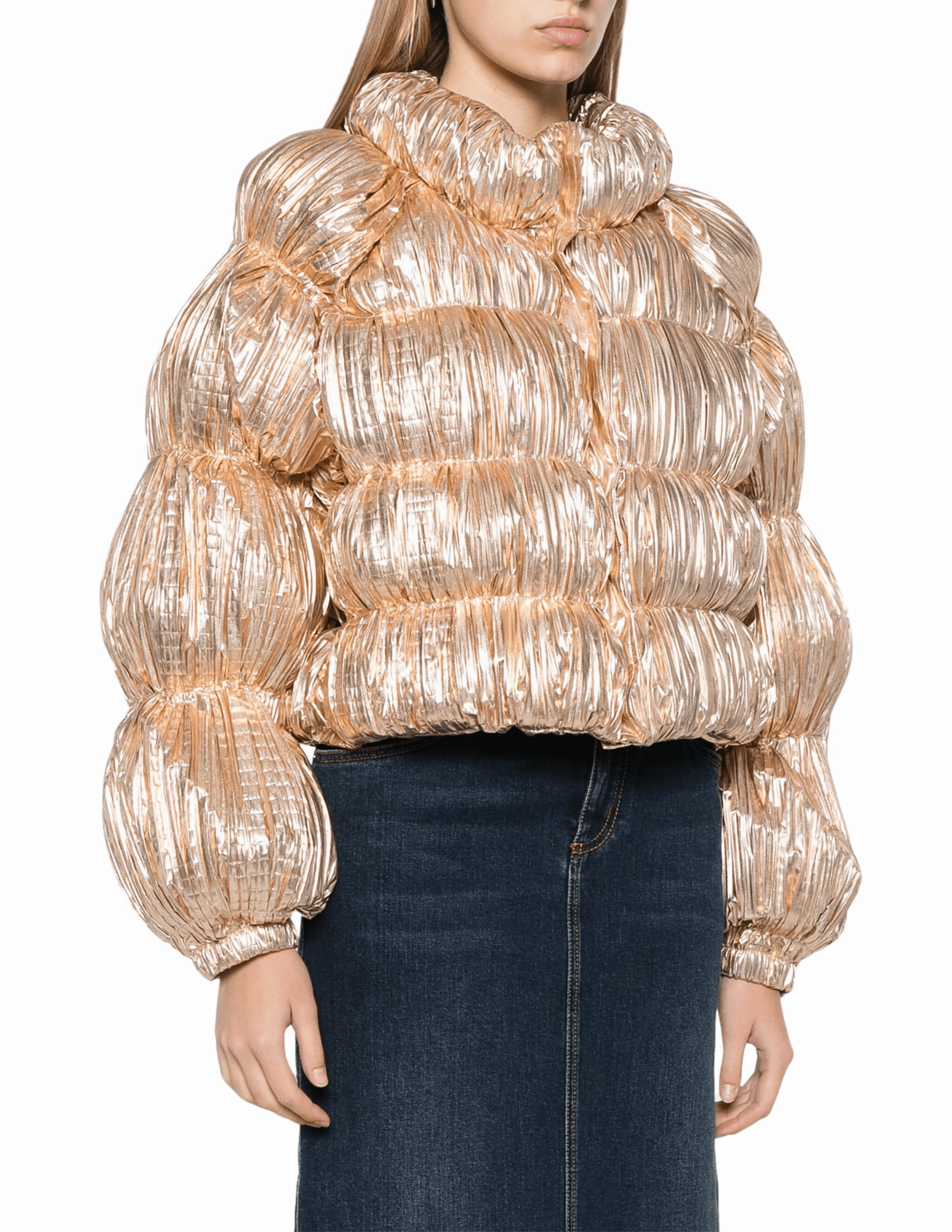 Cult Gaia Bombon Metallic Puffer Jacket Stretchable Cuffs Sleek Casual