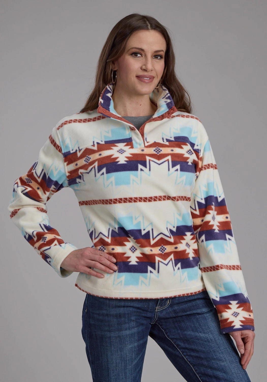 Daily Look Roper Womens Large Aztec Print Cream/Blue 100% Polyester Fleece Jacket