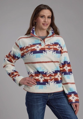 Everyday Layers Roper Womens Large Aztec Print Cream/Blue 100% Polyester Fleece Jacket