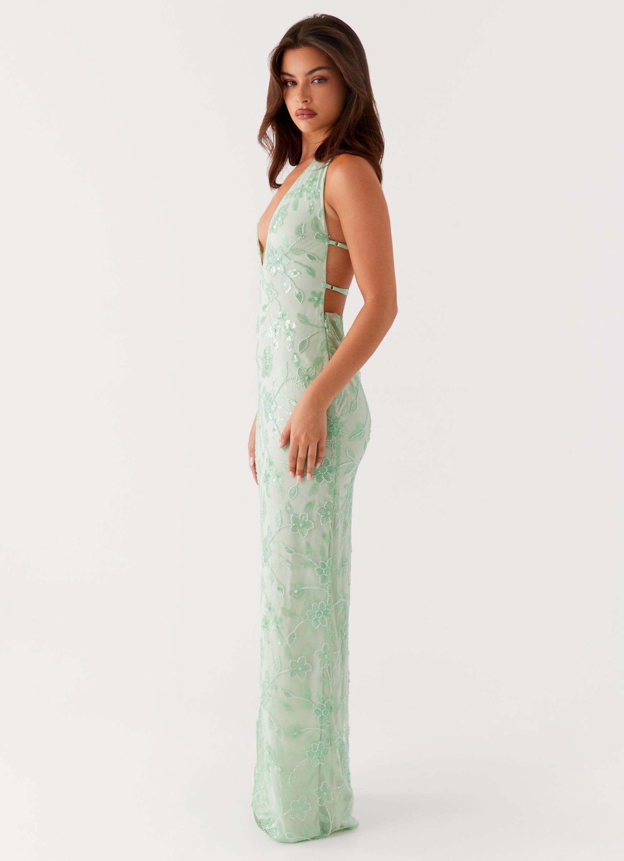 Clean Aesthetic Elegant formal outfit Cydney Beaded Maxi Dress - Sage