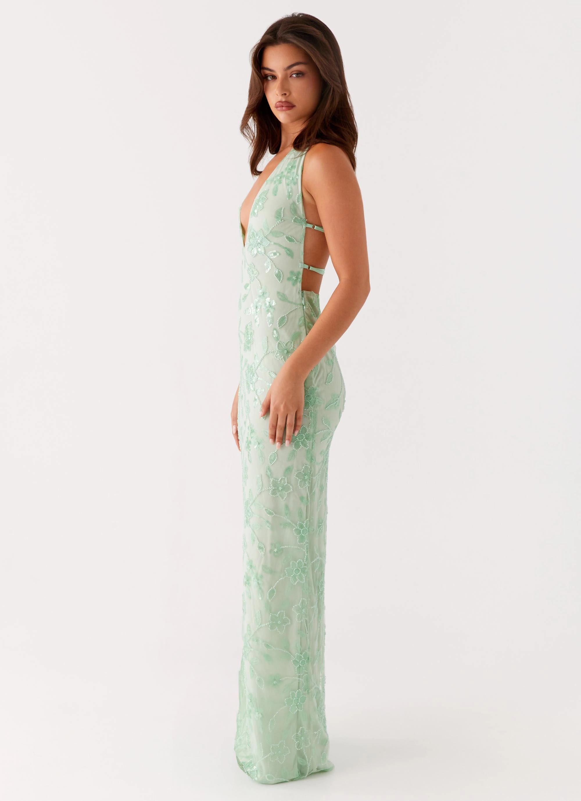 Beadwork Sculpted Form Cydney Beaded Maxi Dress - Sage