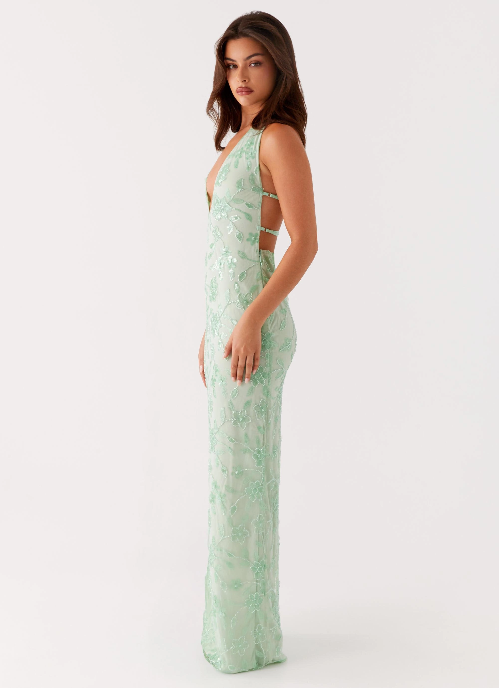 Front-Slit Cydney Beaded Maxi Dress - Sage