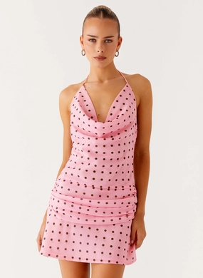 Cyna Cowl Mini Dress - Strawberry Dot Party Safe
