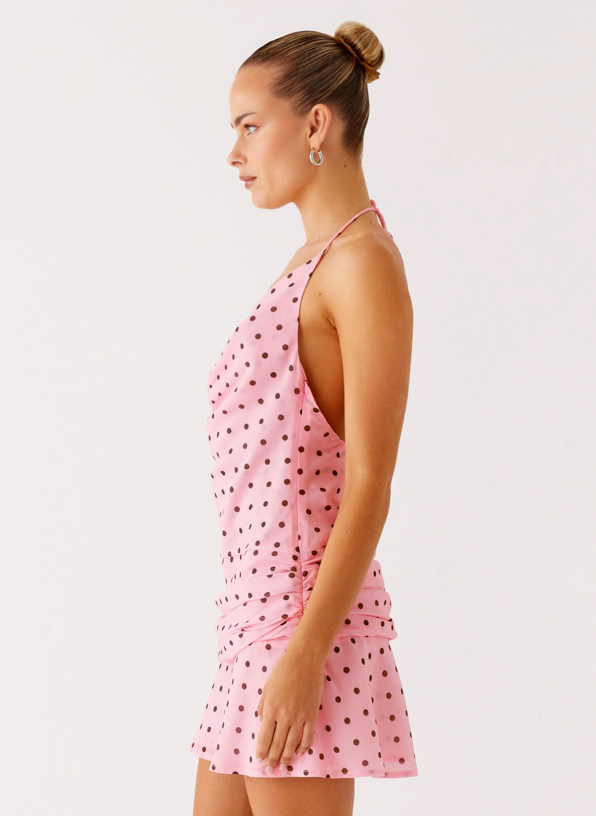 Airy Silk Cyna Cowl Mini Dress - Strawberry Dot