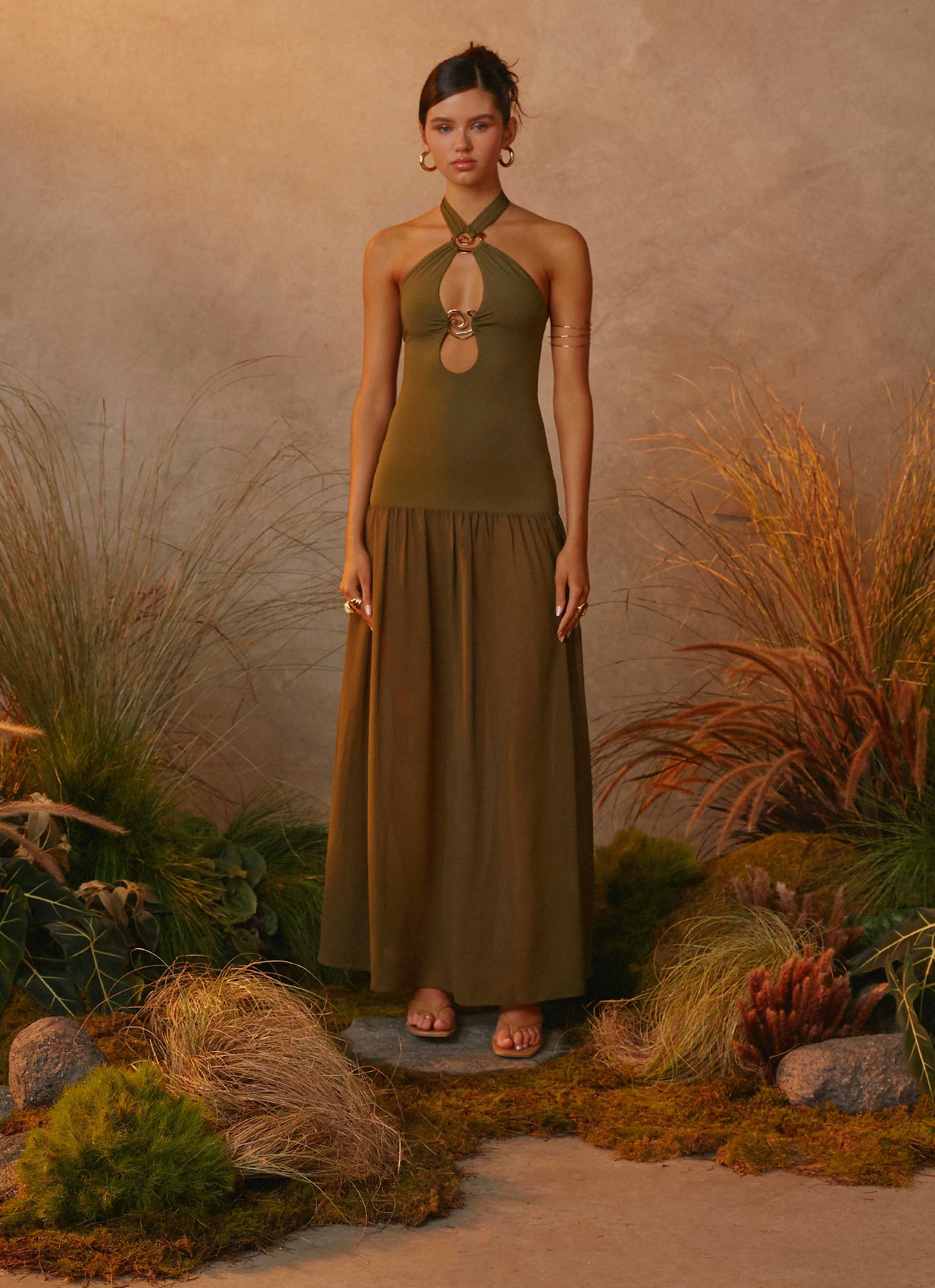 Cypress Kiss Maxi Dress - Khaki Texture Edge Airy Silk