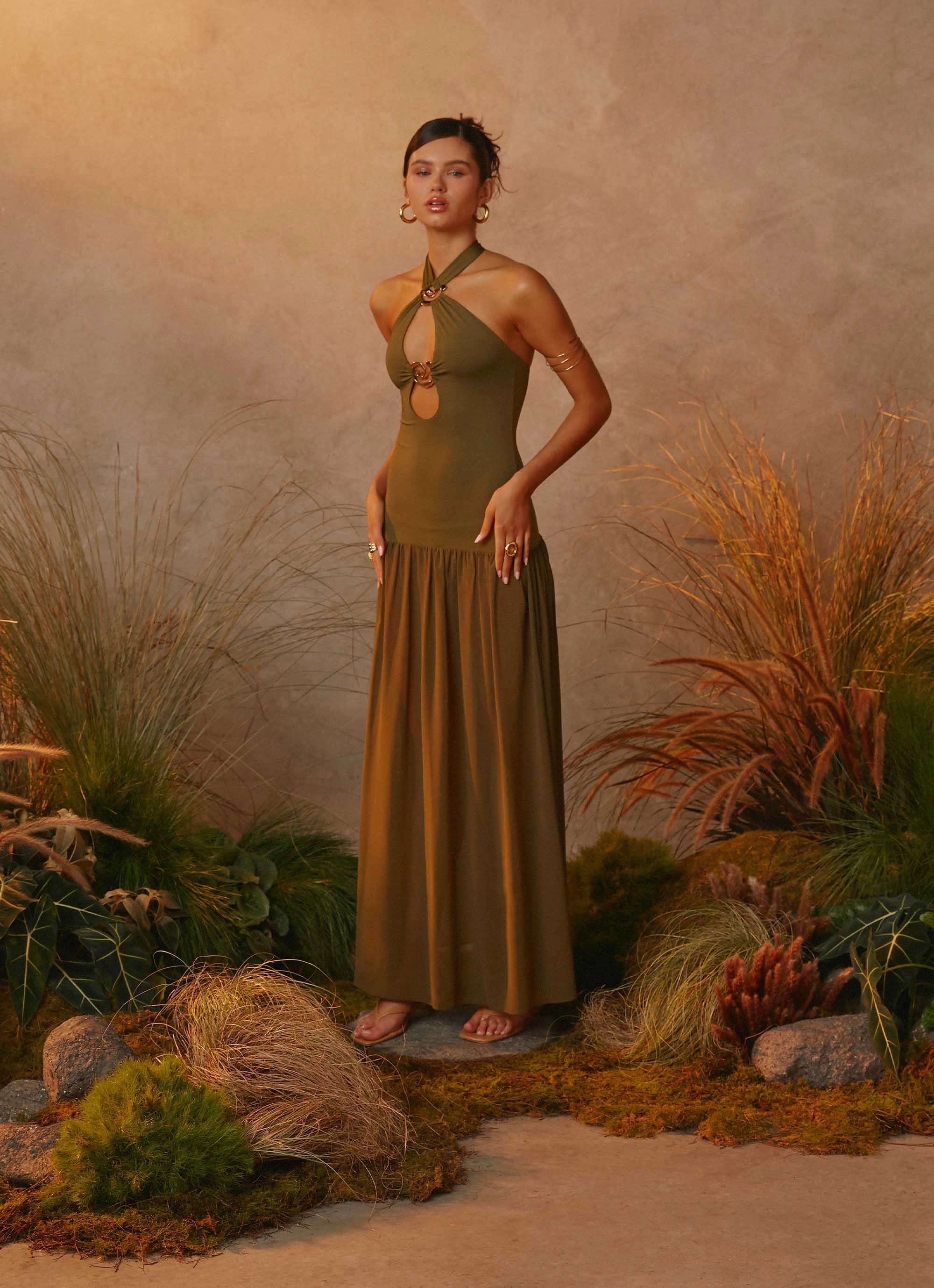 Cypress Kiss Maxi Dress - Khaki Snap-Closure Work Fit