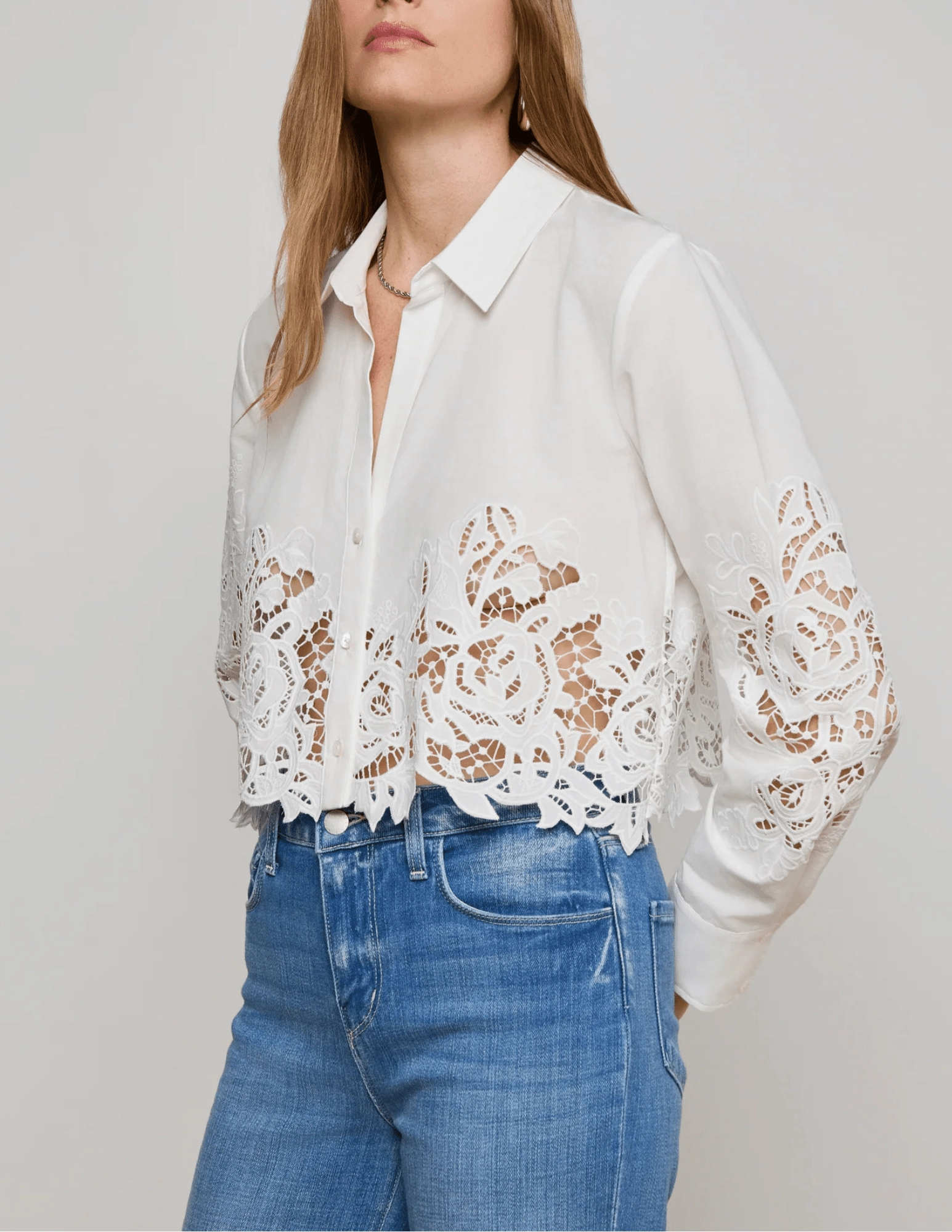 Versatile Fashion NonRestrictiveFit L'AGENCE Seychelle Lace Cropped Blouse