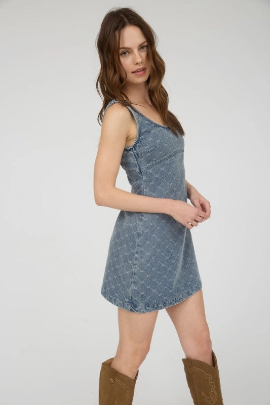 Dressy Yet Comfortable Dalilah Bow Pattern Sleeveless Denim Mini Dress