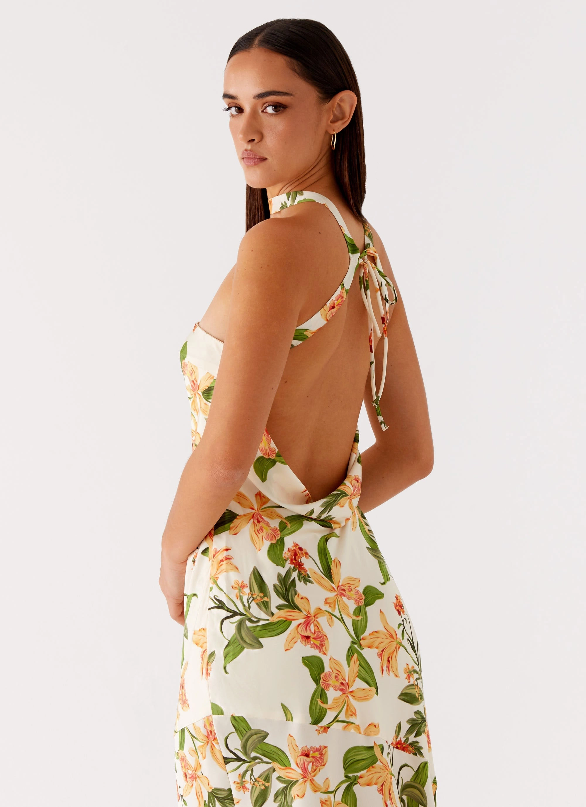 Damali Satin Maxi Dress - Floral Print Side Pleats Layering Piece