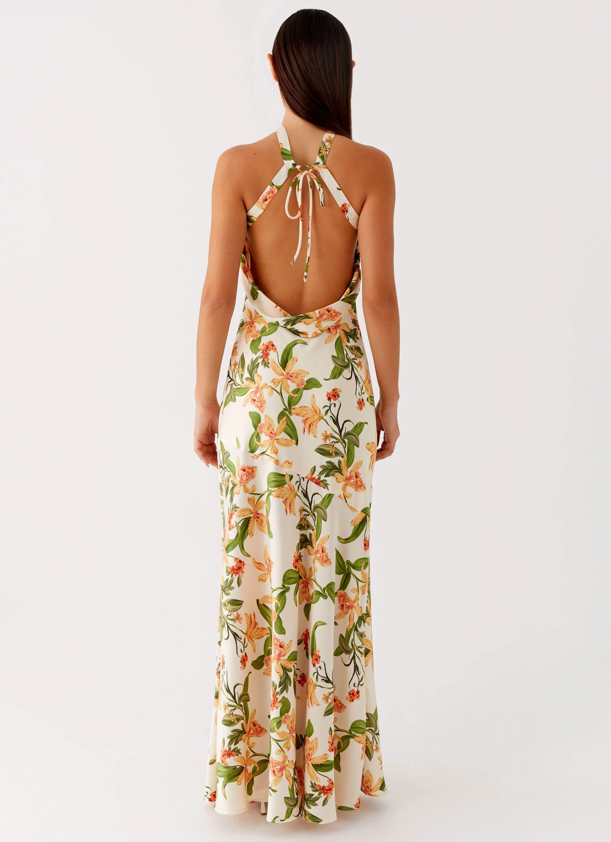 Damali Satin Maxi Dress - Floral Print Asymmetric-Neck