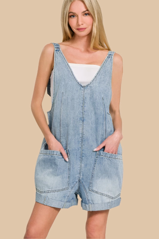 DANNIE DENIM SHORT OVERALLS Adjustable Drawstrings Seam Free Edges