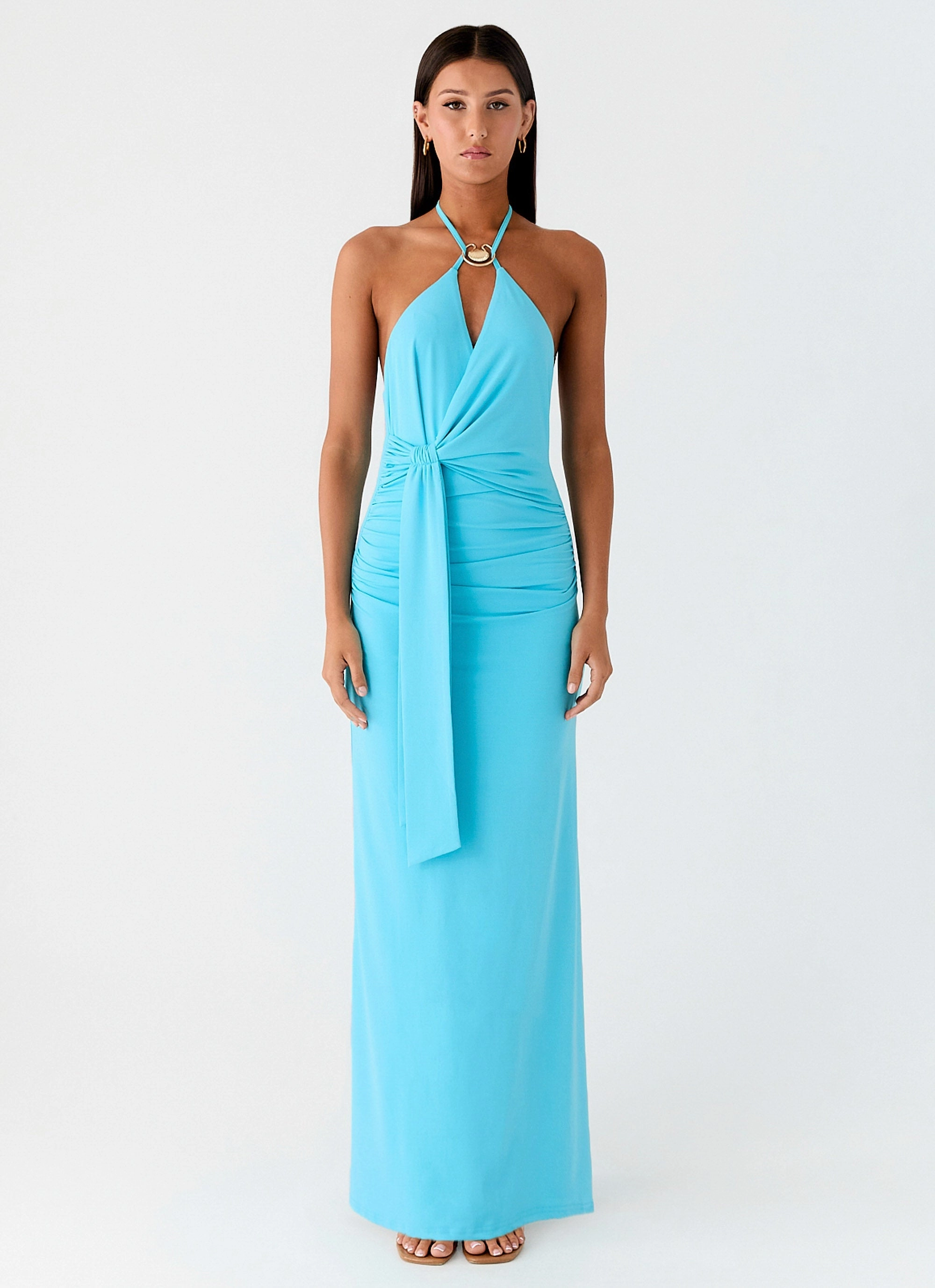 Dare Me Halter Maxi Dress - Aqua Blue Breeze Flow Trendy midi dress