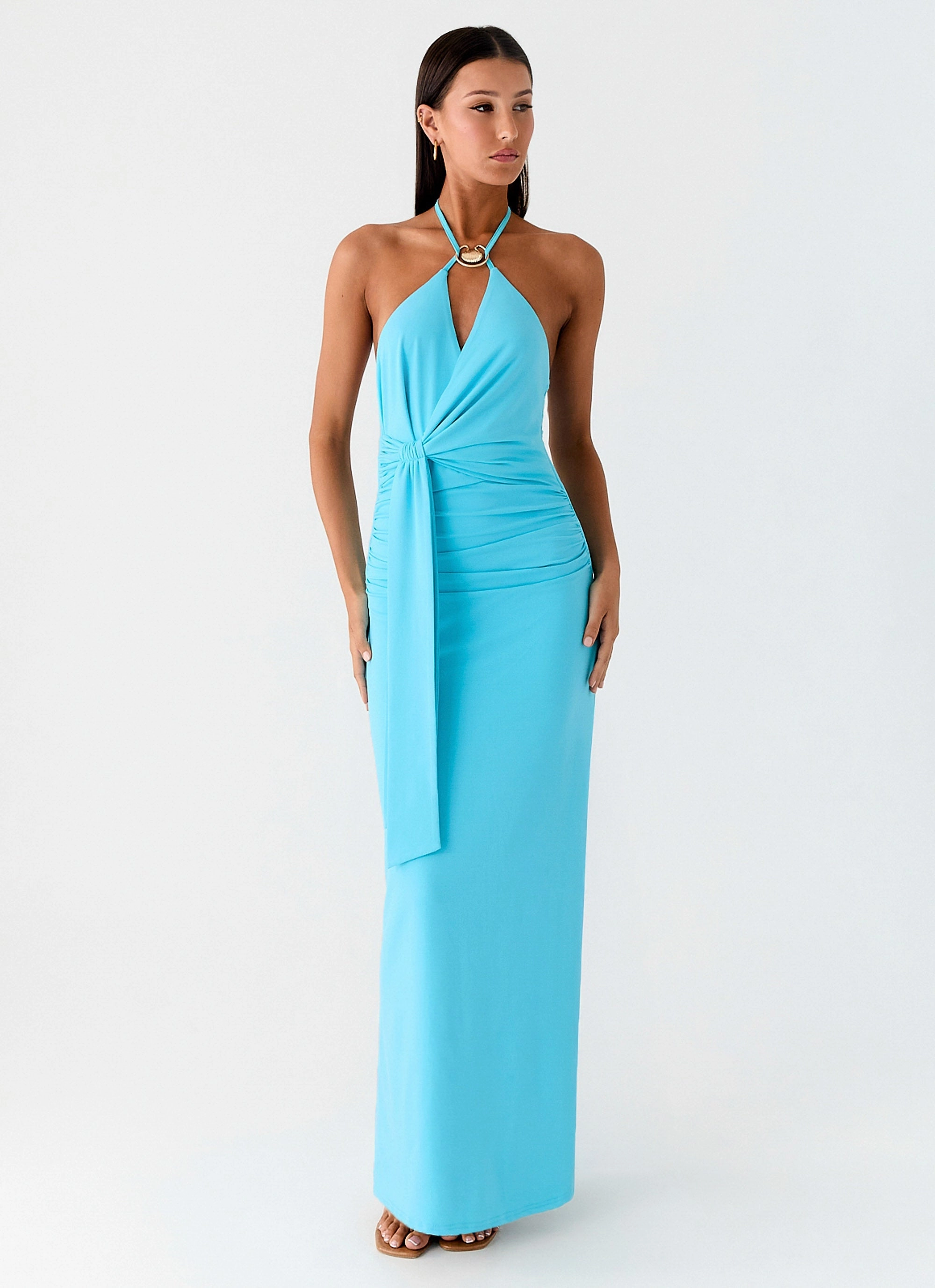 Semi Casual Light Weight Dare Me Halter Maxi Dress - Aqua Blue