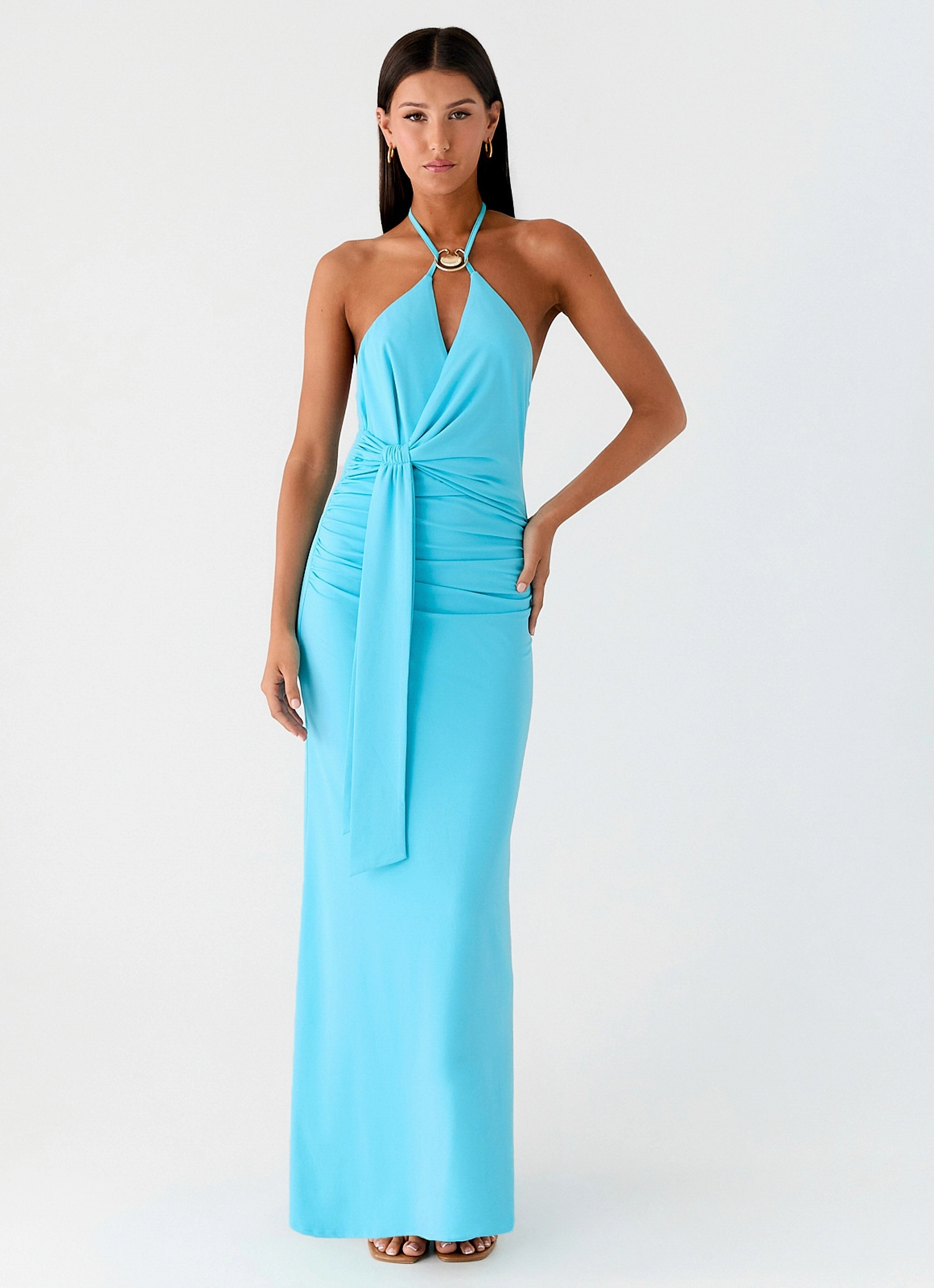 Pop Texture Pastel-Tone Dare Me Halter Maxi Dress - Aqua Blue
