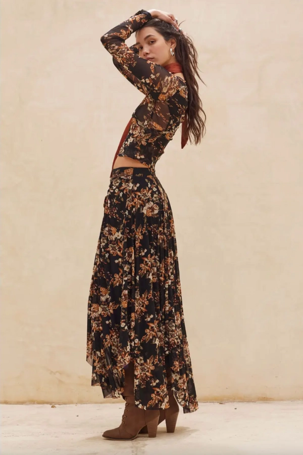 Dark Floral Print Maxi Skirt Balanced Look Sleek Draping