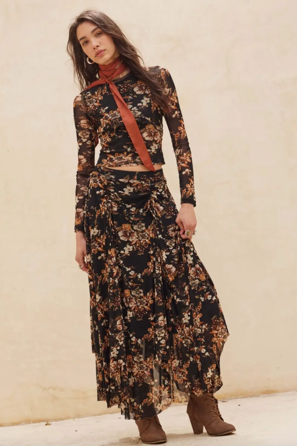 Dark Floral Print Maxi Skirt Non Binding Waist