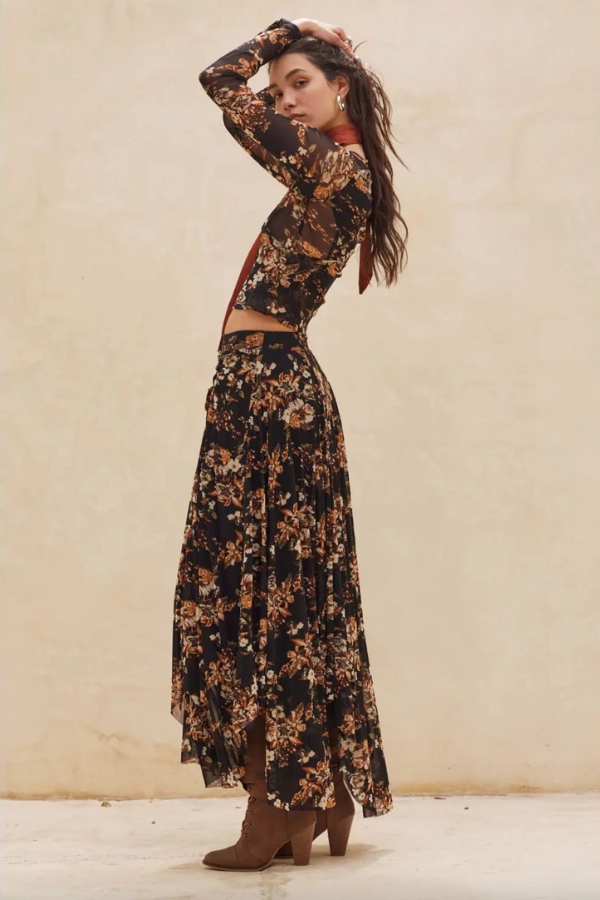 Heat Friendly Denim finish Dark Floral Print Maxi Skirt