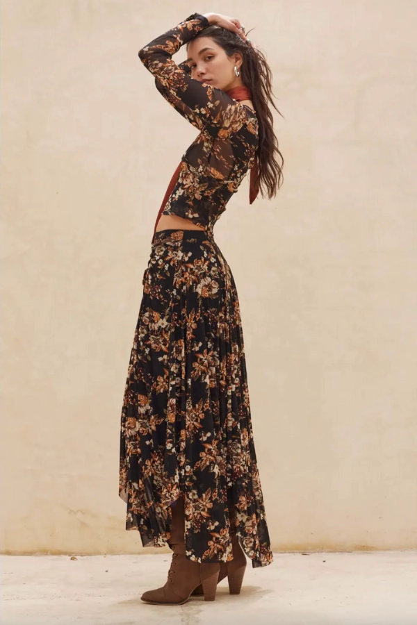 Dark Floral Print Maxi Skirt Anti Static Weave Technology