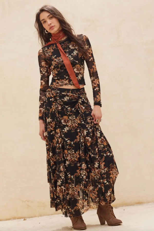 Dark Floral Print Maxi Skirt Soft Volume