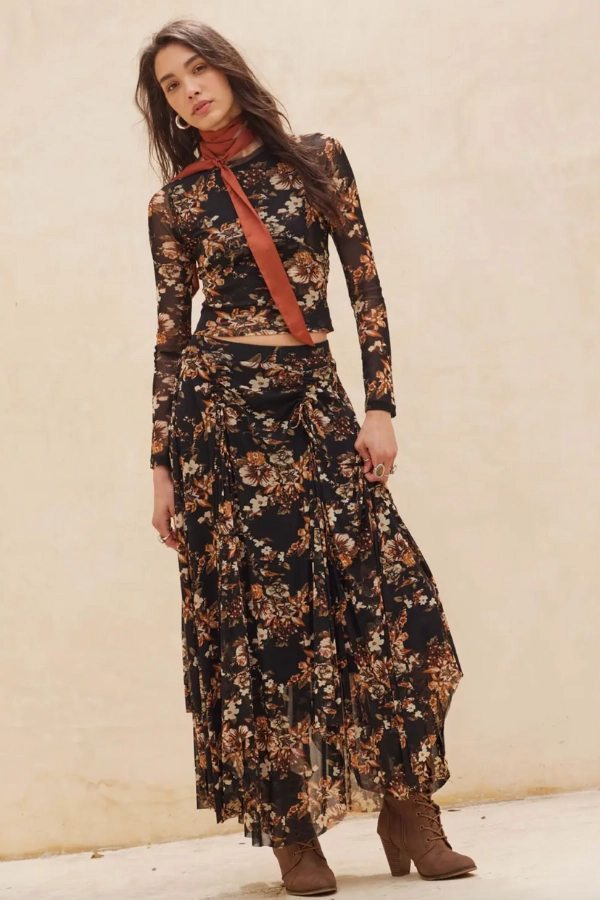PunctureResistantReinforcement Dark Floral Print Maxi Skirt