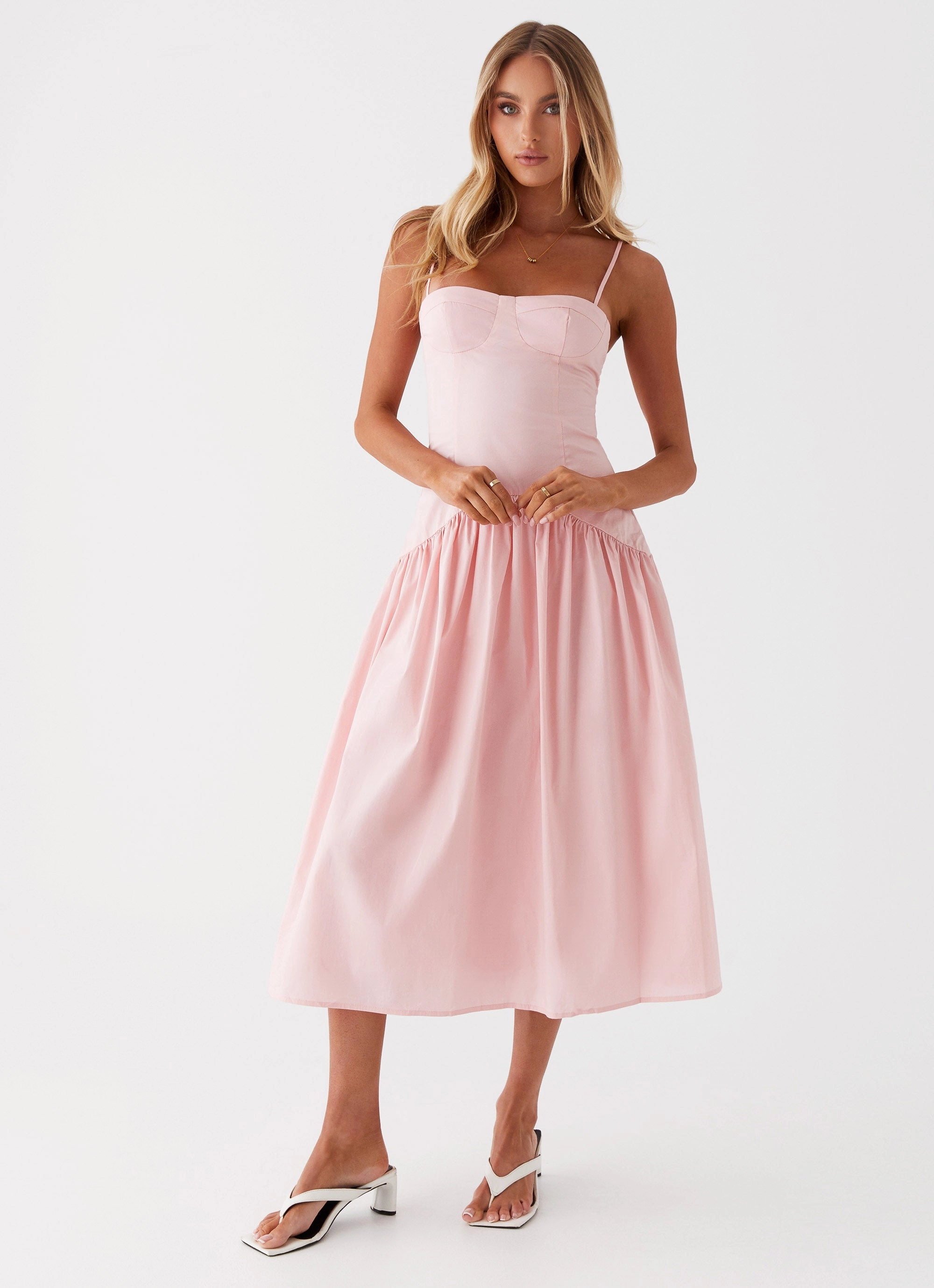Yvette Corset Midi Dress - Pink Feminine off-the-shoulder gown Dropped-Waist