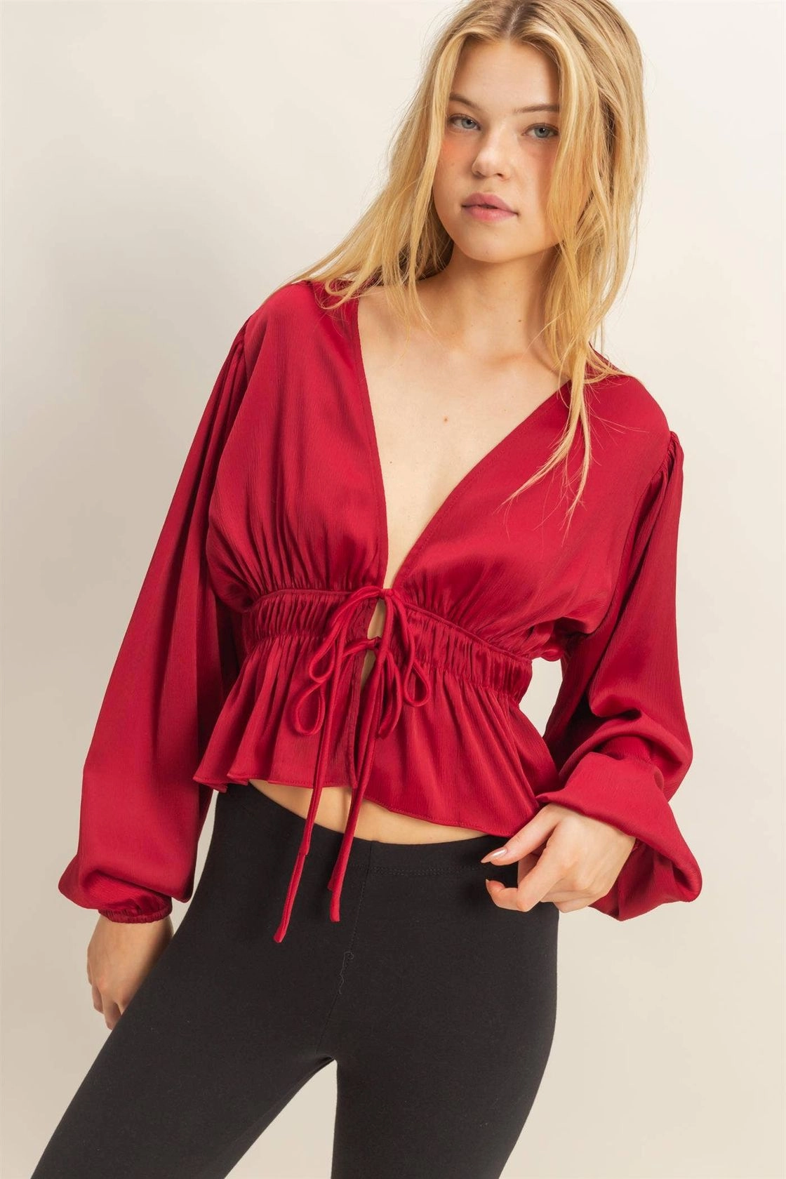Deep V Peasant Blouse - Burgundy DoubleStitching Relaxed Silhouette