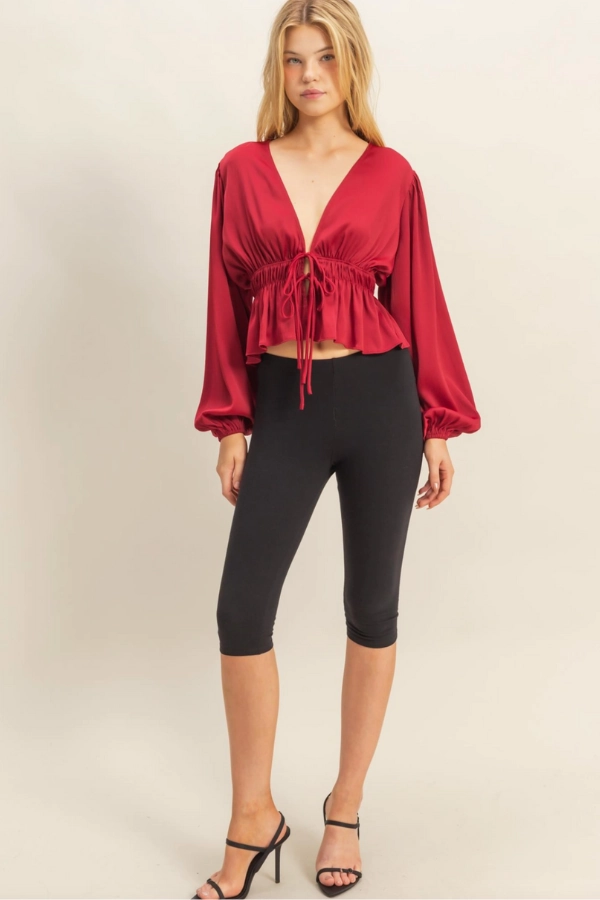 BlendMaterials Quick Access Pockets Deep V Peasant Blouse - Burgundy