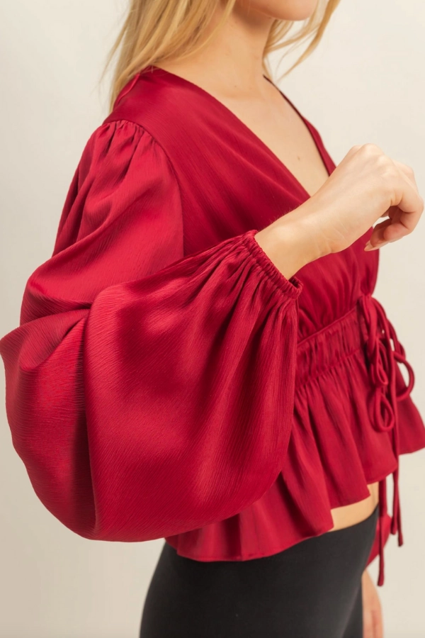 Multi Pocket Functional Design Deep V Peasant Blouse - Burgundy