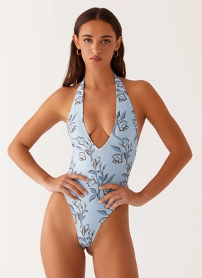 Delia One Piece Swimsuit - Blue Floral Print Waterproof Lining Summer Adventure