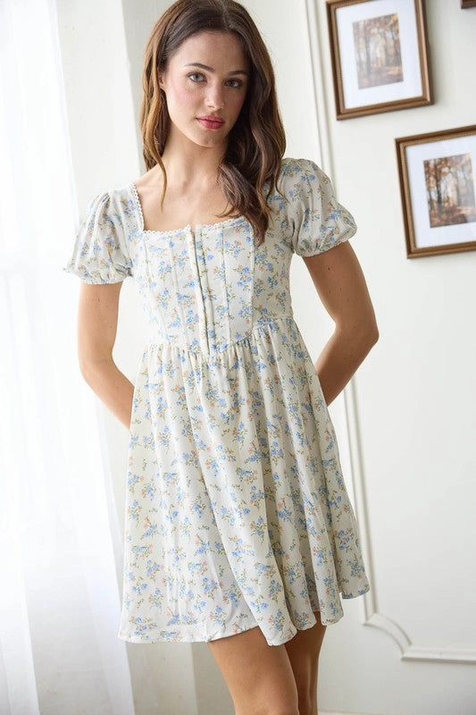 Comfy Look DELILAH FLORAL LACE TRIM FRONT HOOK & EYE MINI DRESS