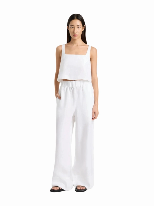 Button Down Collar Delphi Cropped Linen Top in White