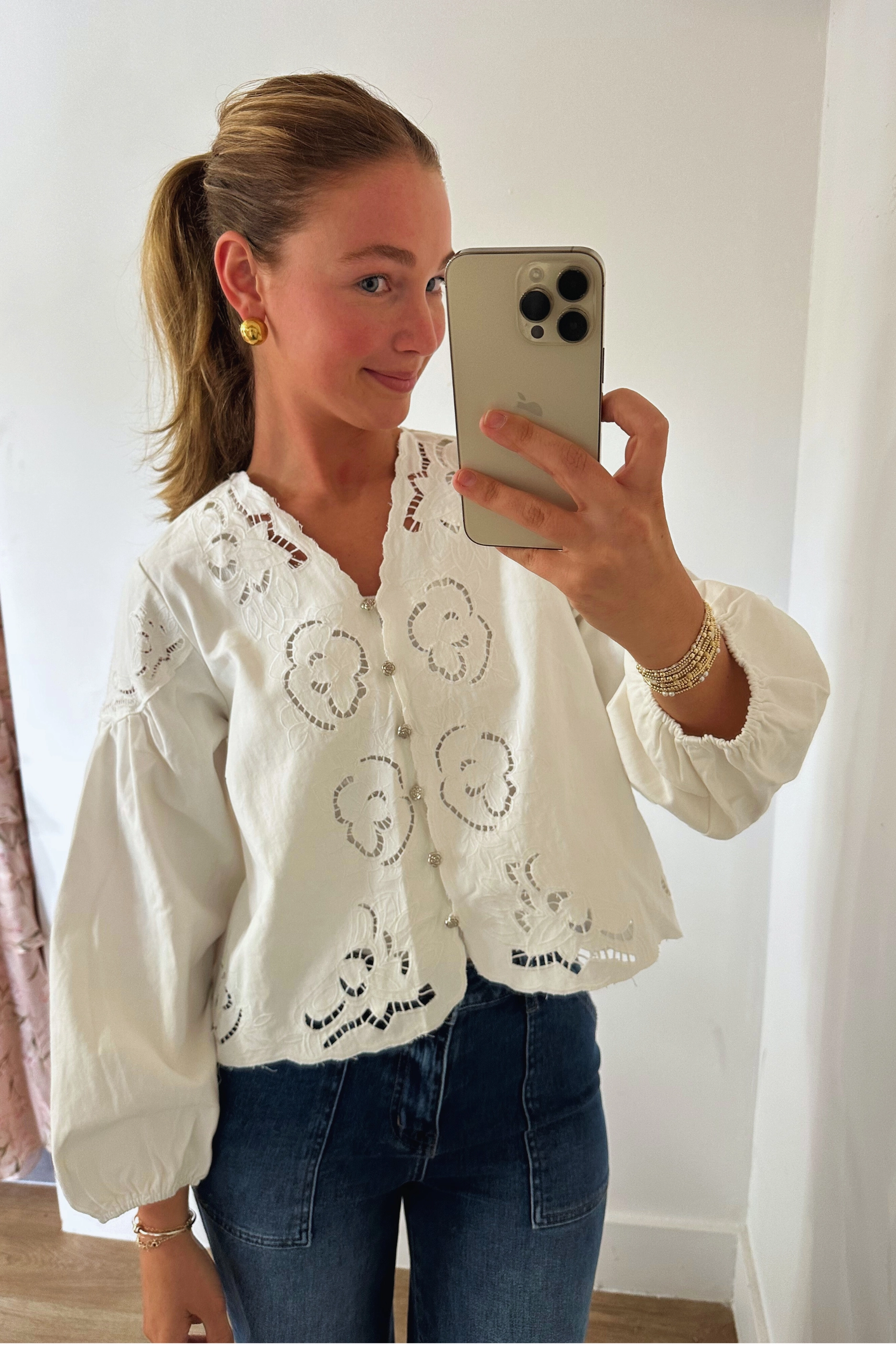 Denim Balloon Sleeve Top - White OdorResistantFinish