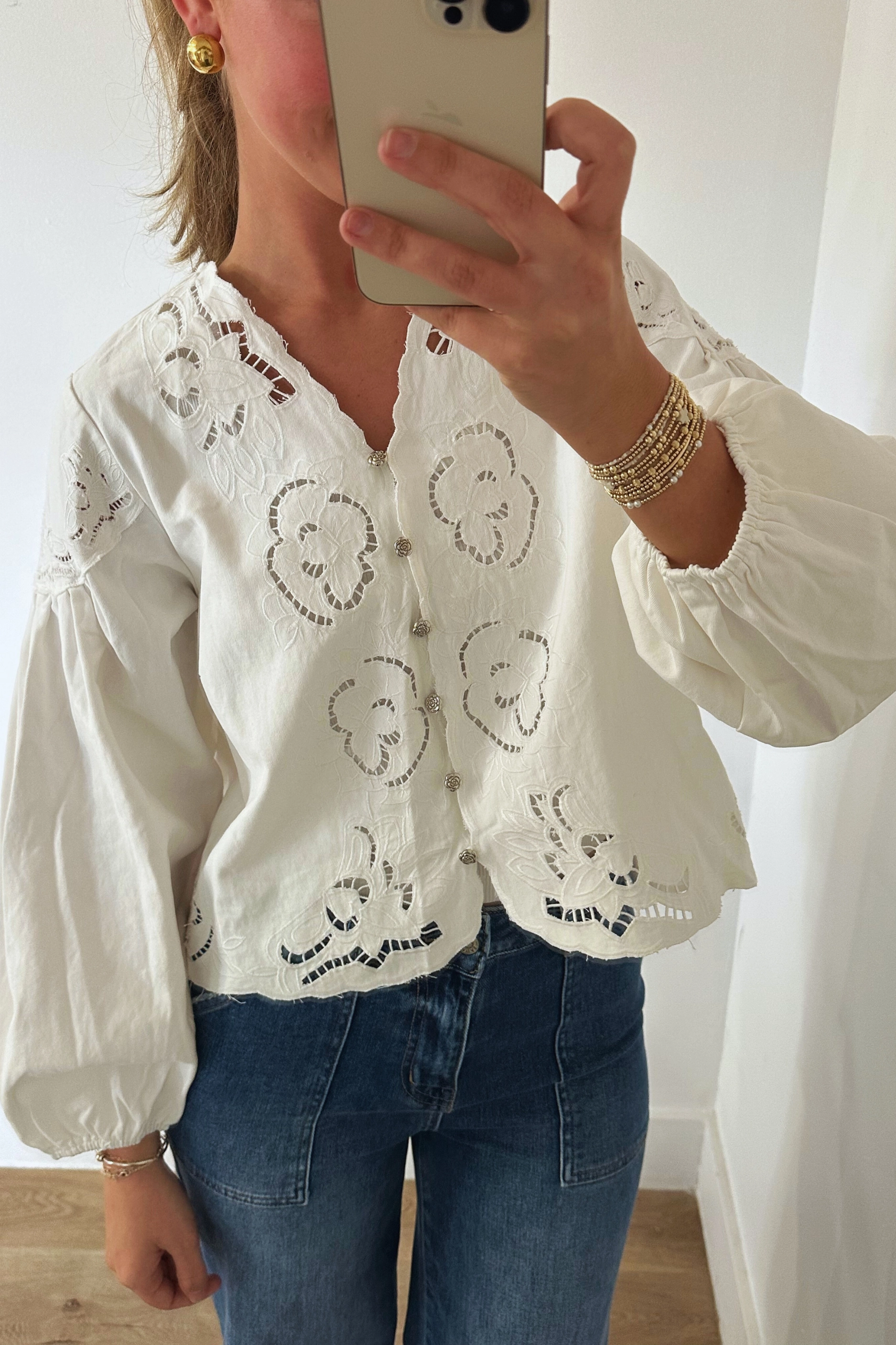 Denim Balloon Sleeve Top - White Oversized Collar