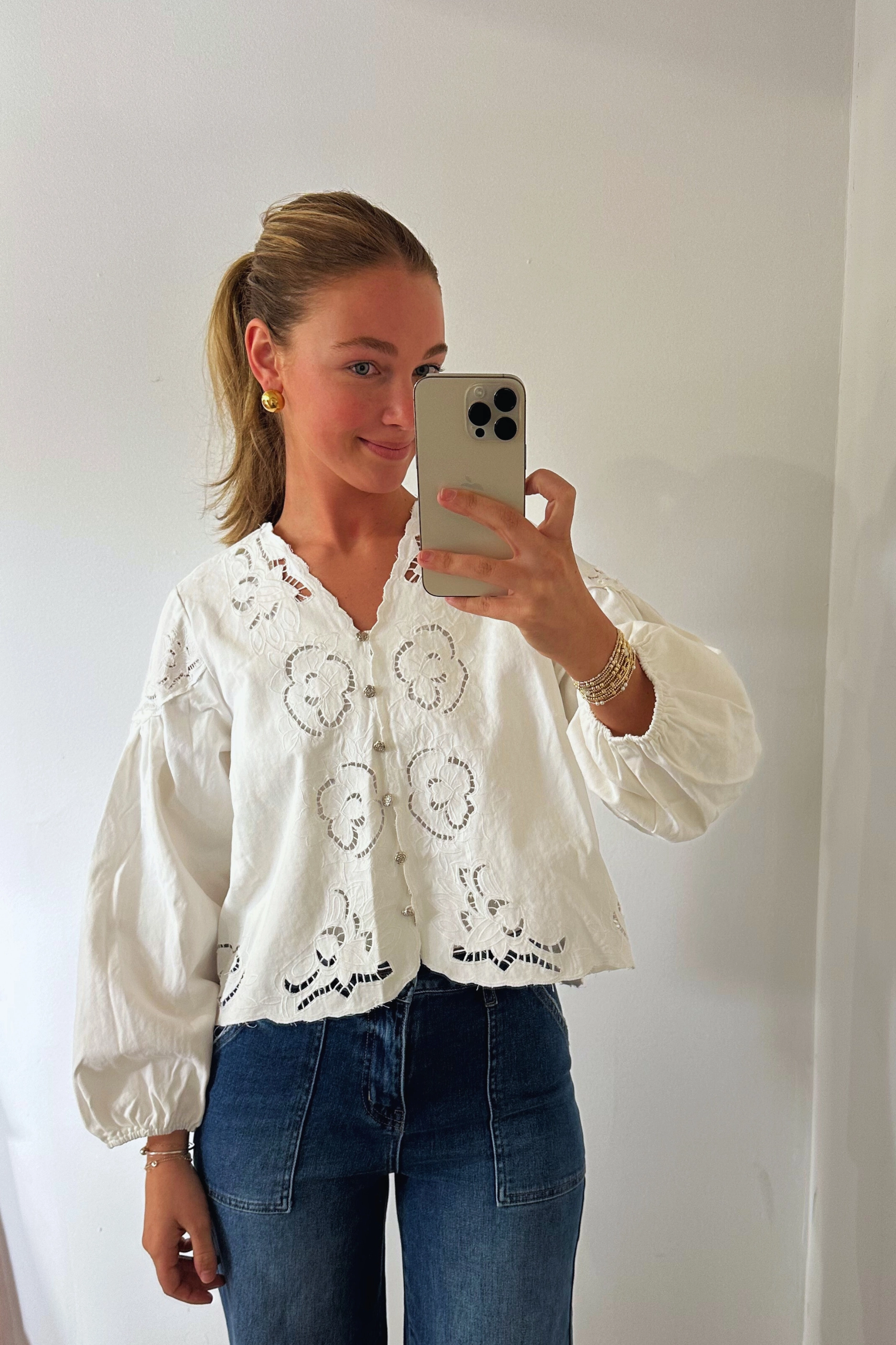 HighStretch Tencel Lyocell Fiber Denim Balloon Sleeve Top - White