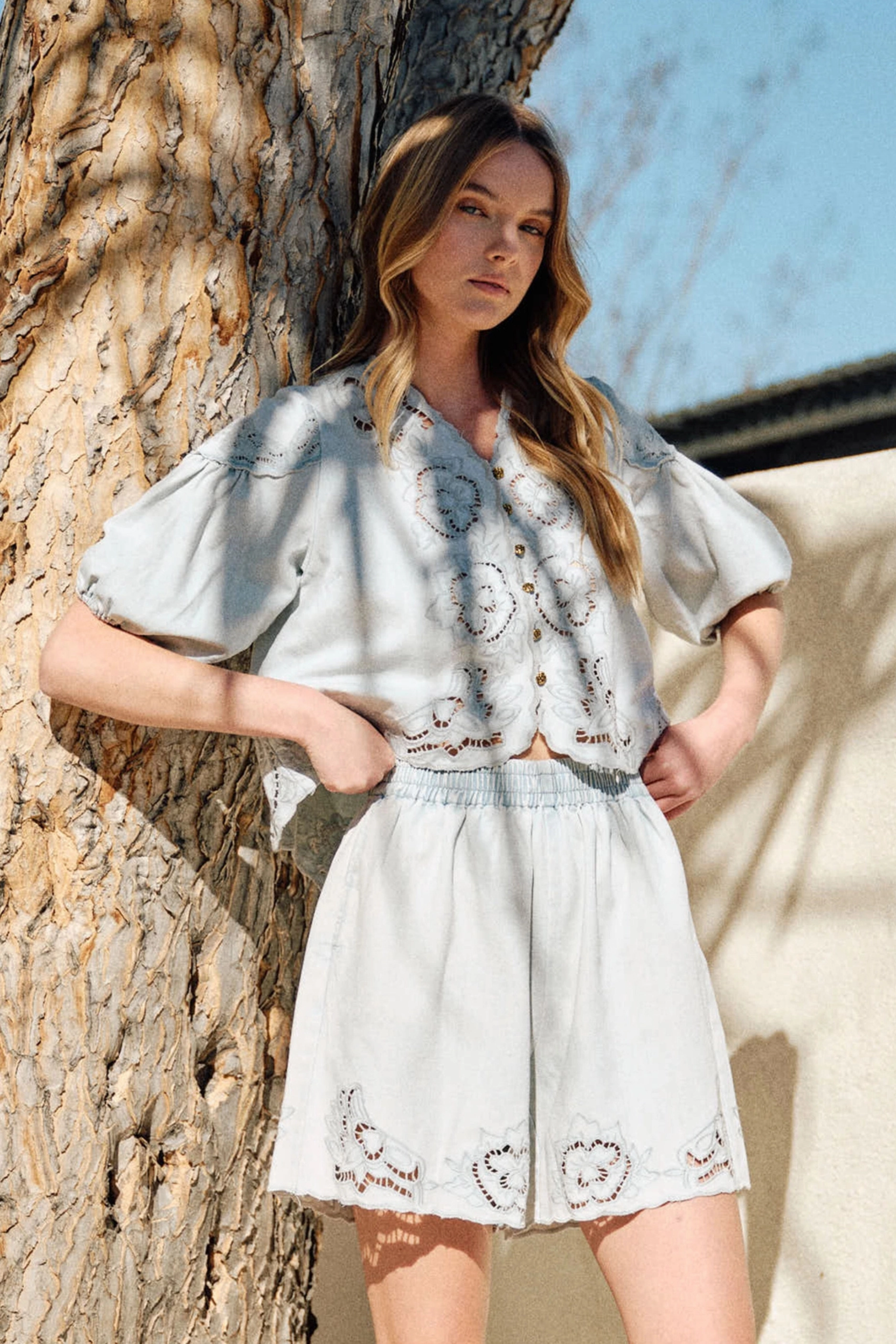 Sporty Cut Denim Embroidered Set - Blue