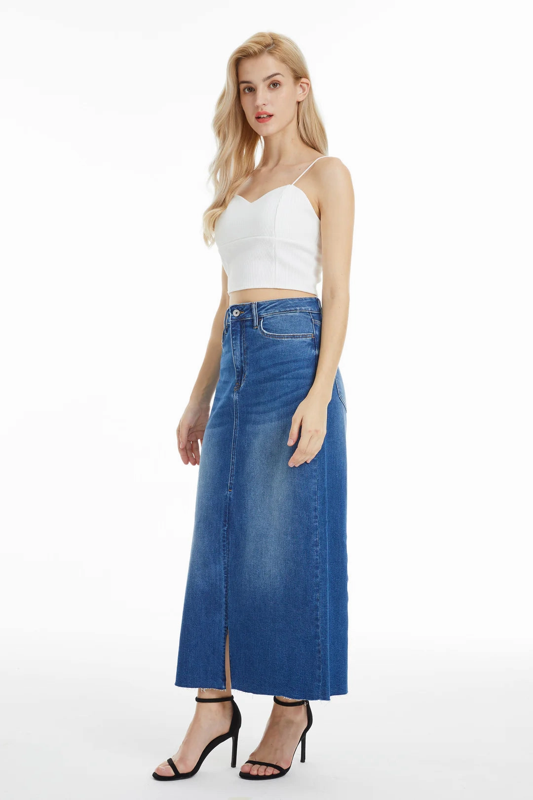 Denim Midi Skirt ElasticWaistband