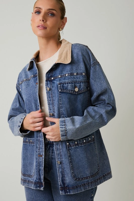 Anti Static Treatment PlushLining Denim Stud Barn Jacket