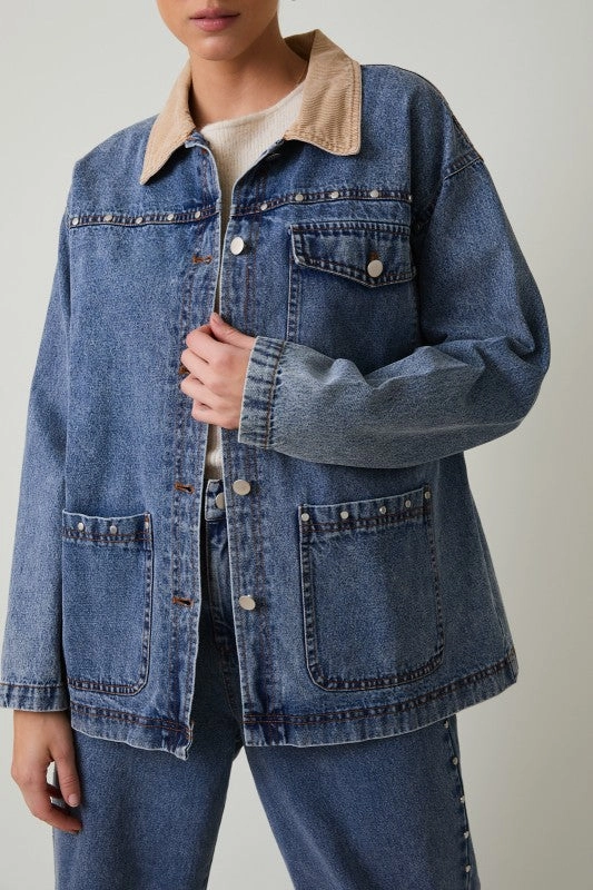 Convertible Sleeve Adaptation Denim Stud Barn Jacket