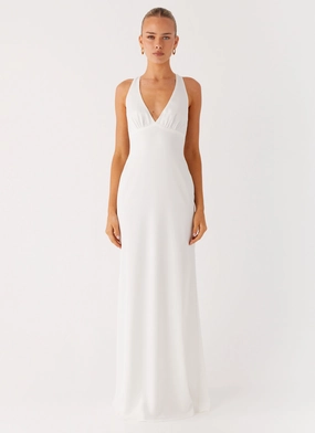 Contemporary Wear Stylish Pick Desi Halterneck Maxi Dress - White