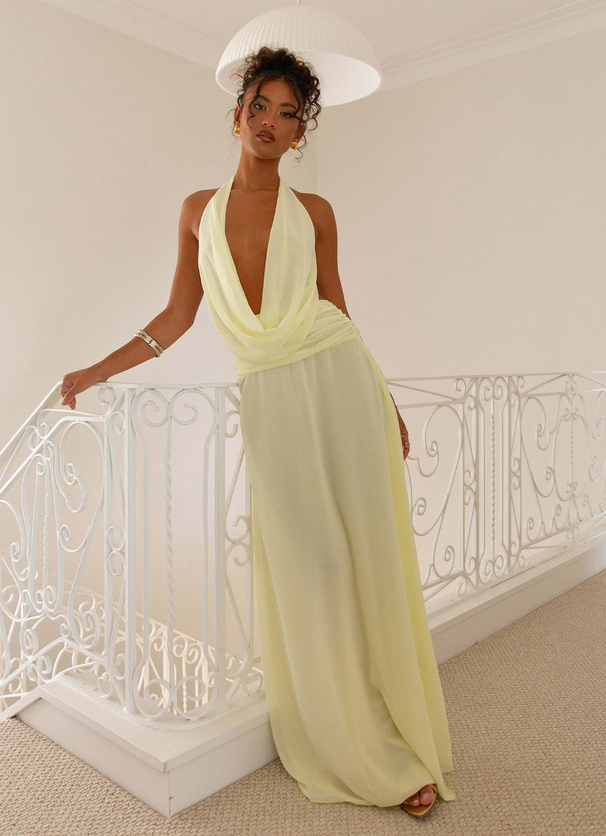 Elysia Chiffon Maxi Dress - Lemon Form Focus Balanced Look