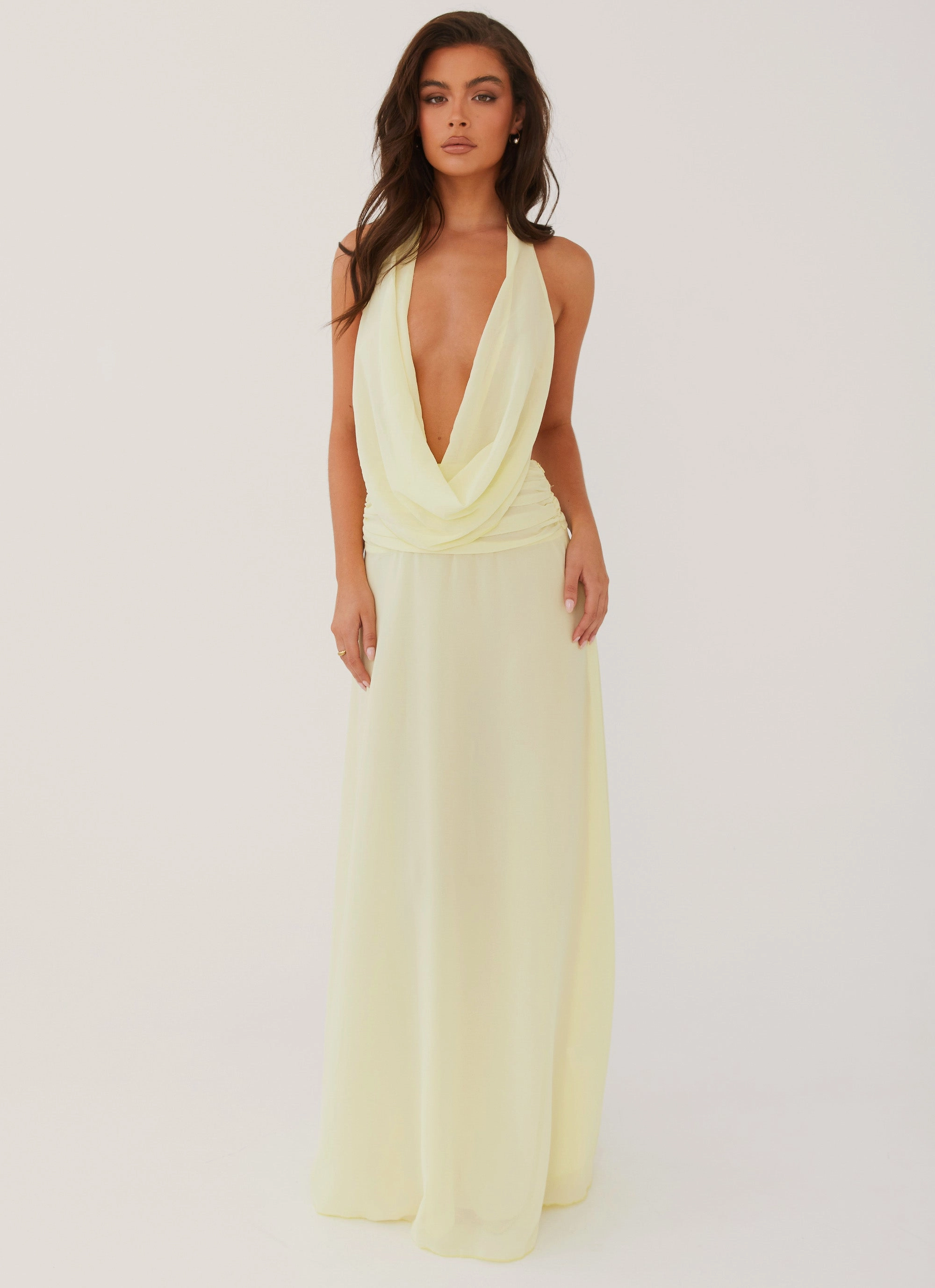 Elysia Chiffon Maxi Dress - Lemon Silky texture