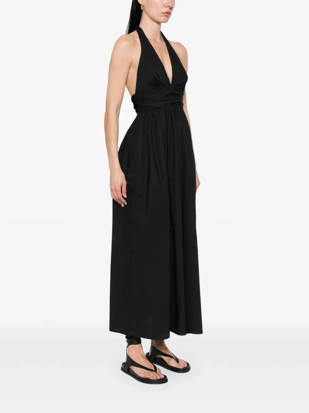 Flowy Layers Plunge Halter Dress in Black