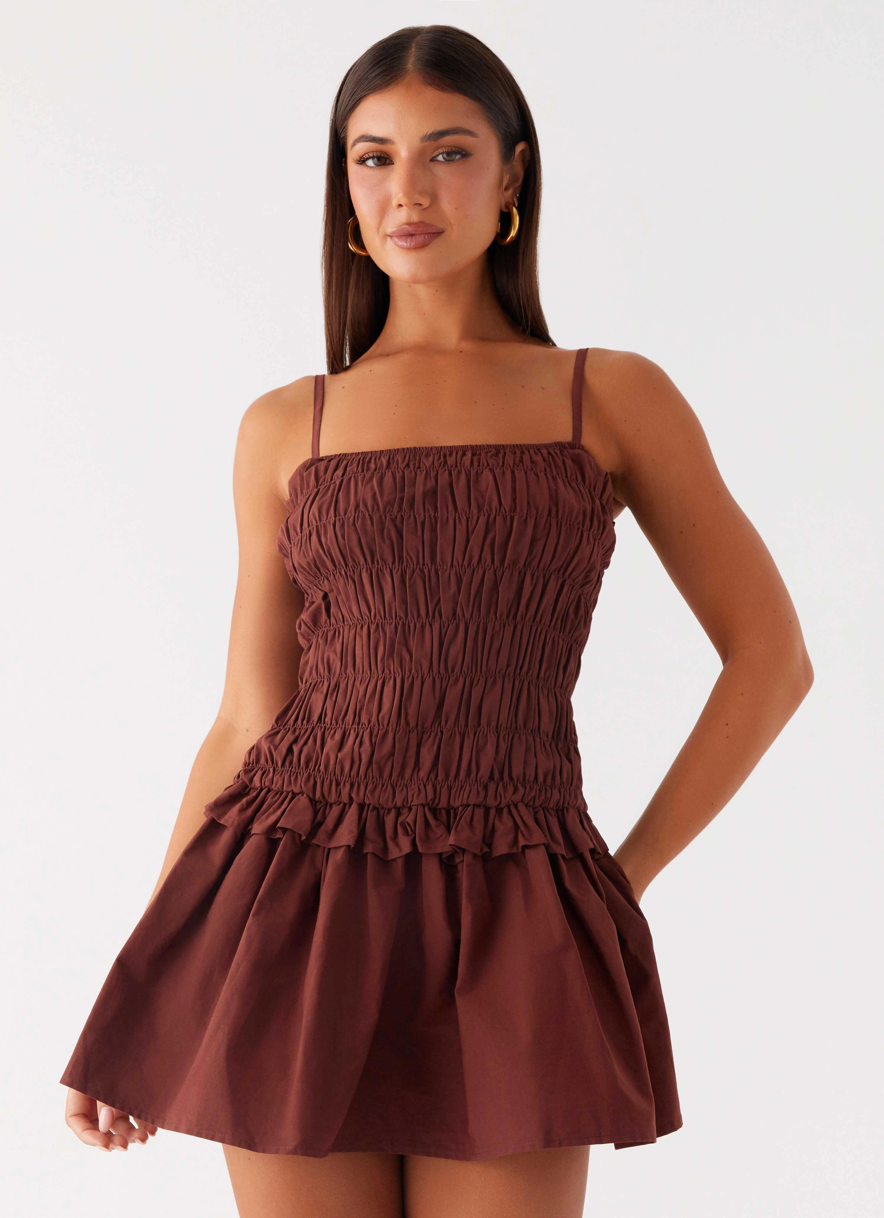 Jaxi Mini Dress - Chocolate Satin-Finish Korean Trend