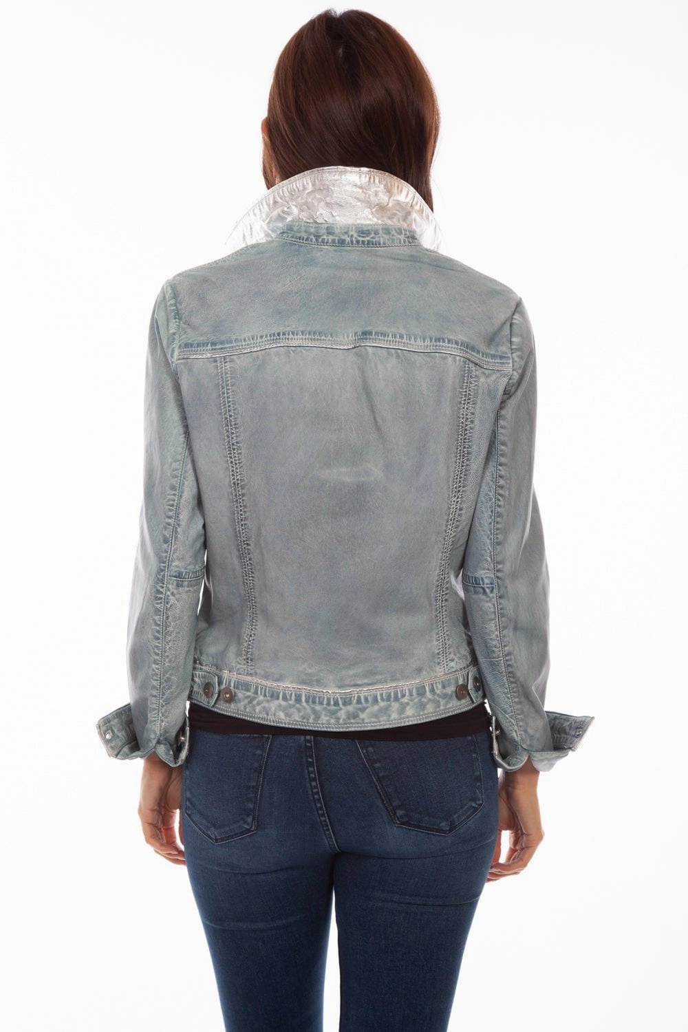 Scully Womens Denim Leather Classic Jean Jacket Reflective Bands