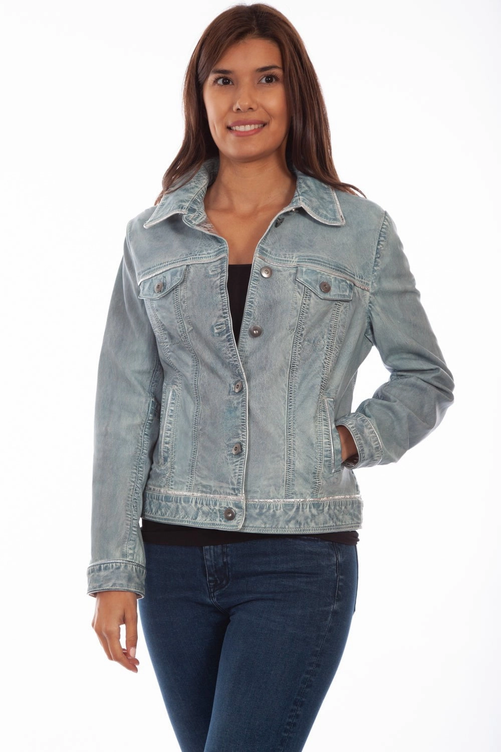 Fleece Backing Scully Womens Denim Leather Classic Jean Jacket