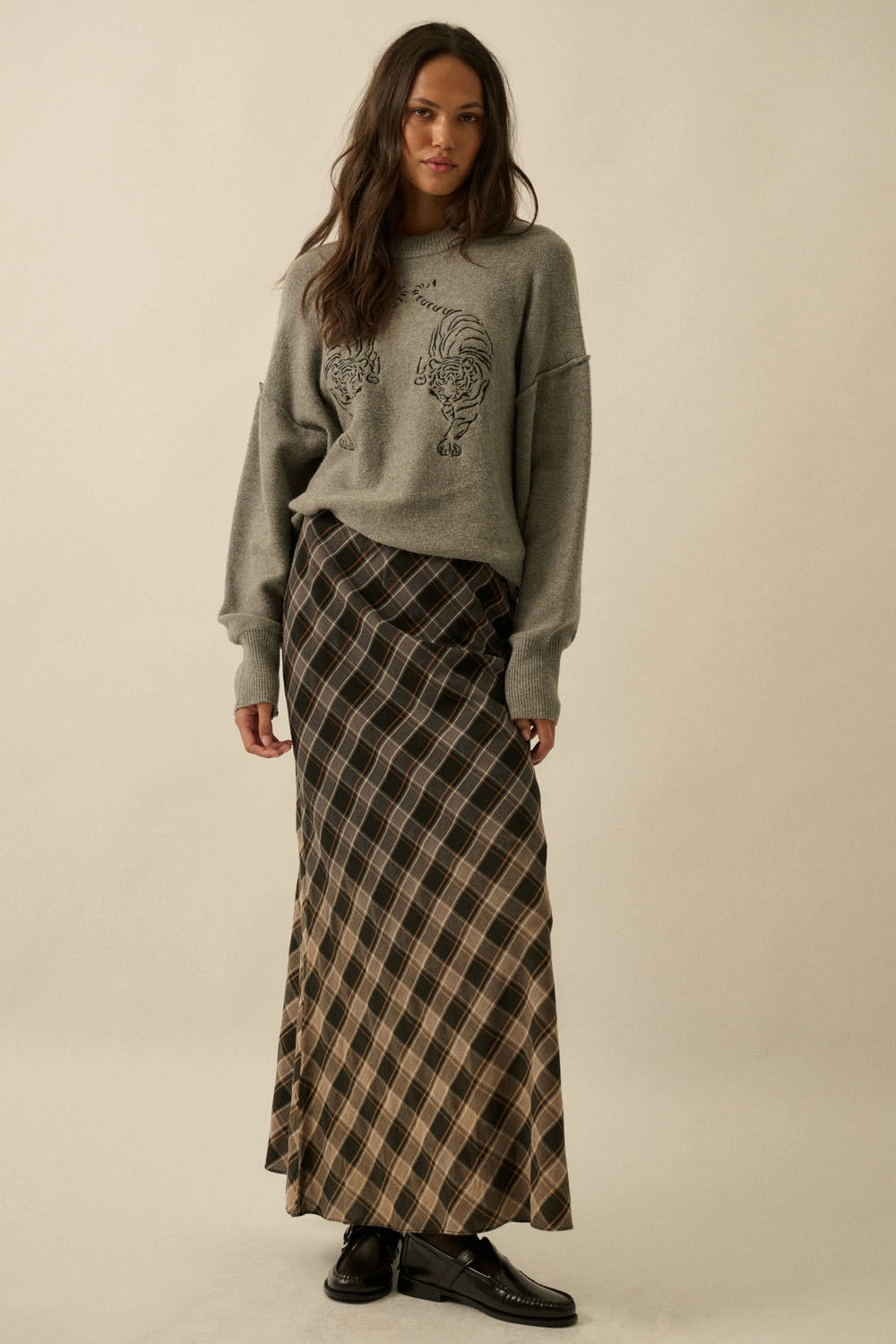 Non Restrictive Collar Layered Panel Construction Plaid Maxi Skirt