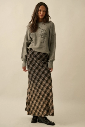 Non Restrictive Collar Layered Panel Construction Plaid Maxi Skirt