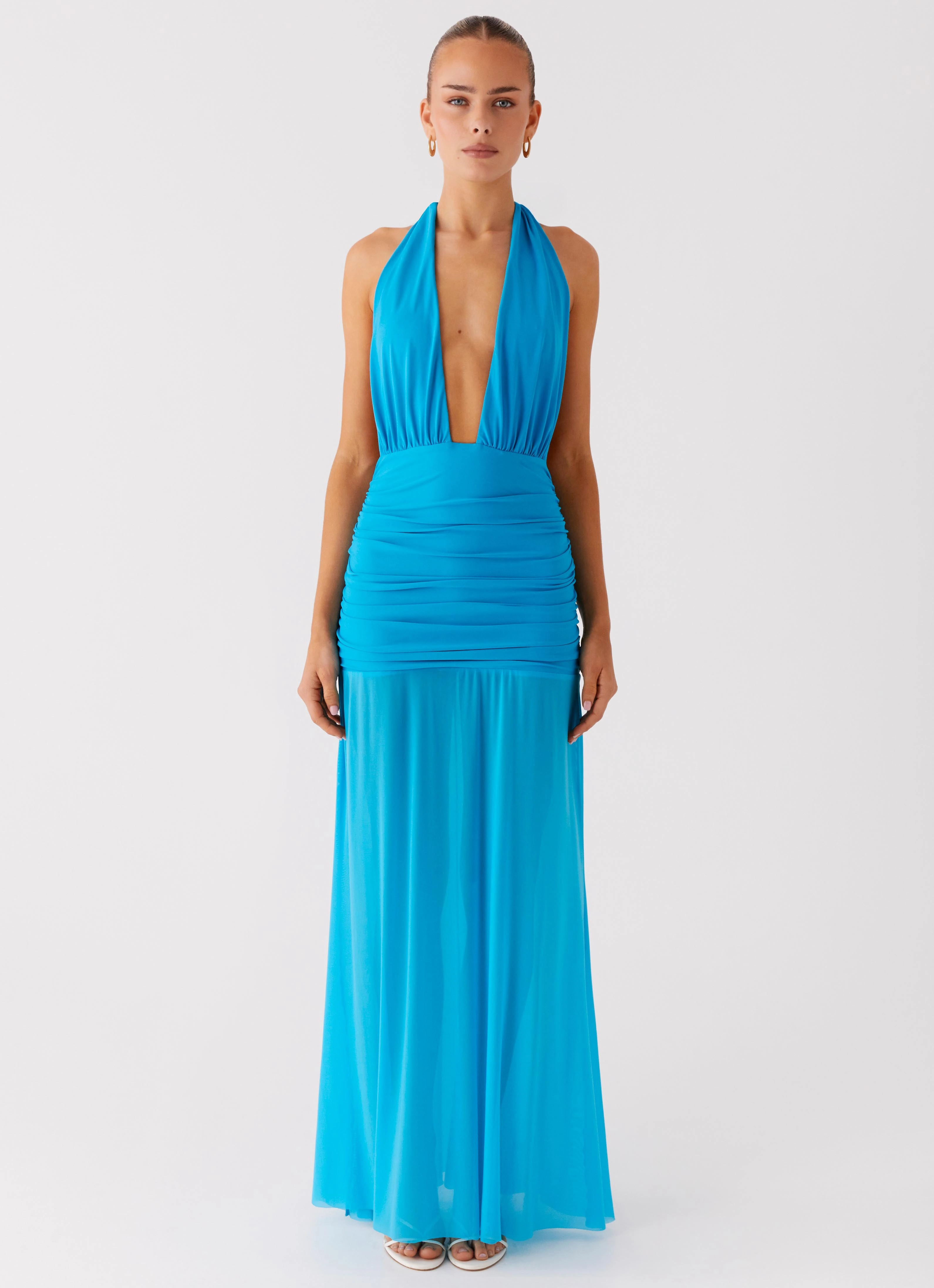 Dilemma Halter Maxi Dress - Turquoise Blue Cool Draping Edgy Twist