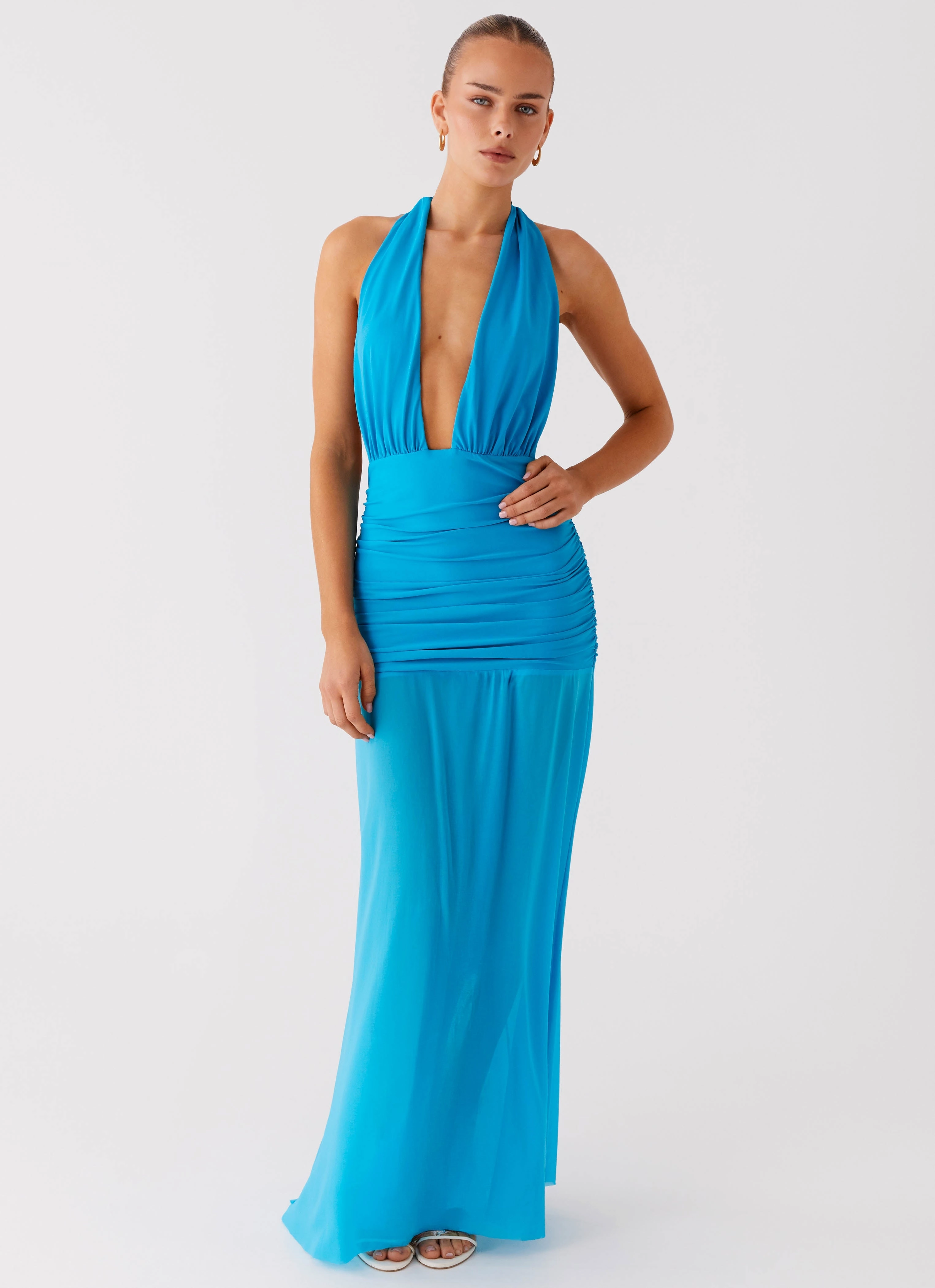 Dilemma Halter Maxi Dress - Turquoise Blue Fit Mood Tailored Layers