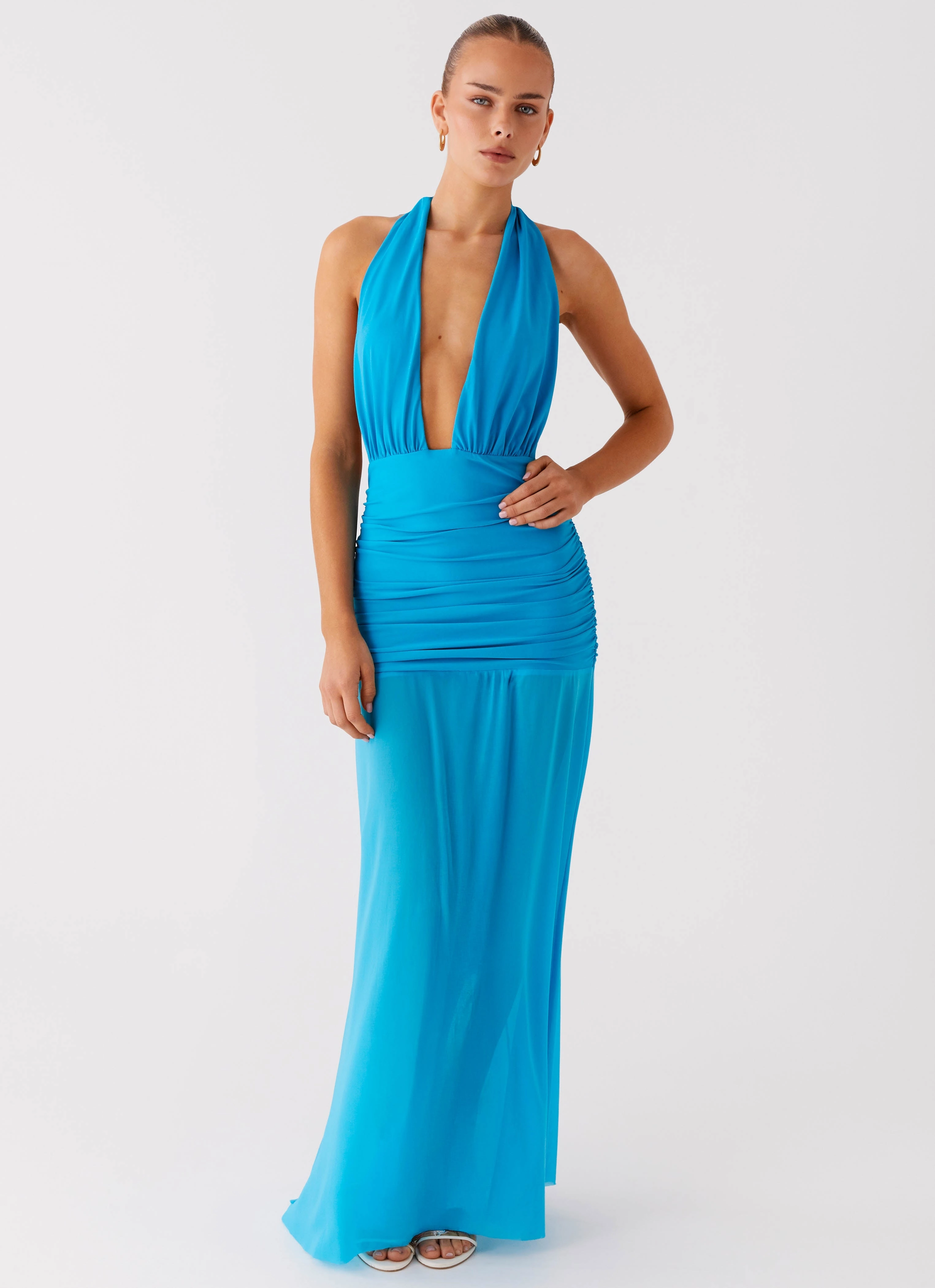 Neutral Layer Dilemma Halter Maxi Dress - Turquoise Blue